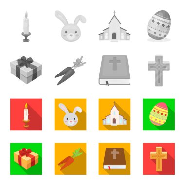 Çapraz İncil, hediye ve havuç. Paskalya toplama simgeler tek renkli, düz stil vektör simge stok çizim web ayarla..