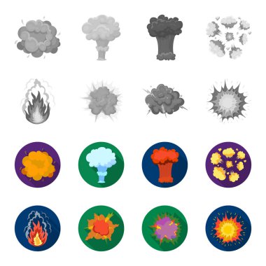 Alevi, kıvılcım, hidrojen parçaları, atomik ya da gaz patlaması, fırtına, güneş patlaması. Patlamalar toplama simgeler tek renkli, düz stil vektör simge stok çizim web ayarla..