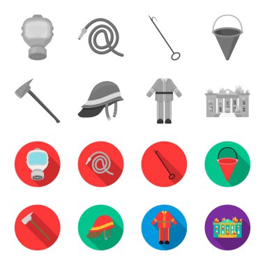 AX, kask, üniforma, Bina yanıyor. Yangın departmentset toplama simgeler tek renkli, düz stil vektör simge stok çizim web ayarla..