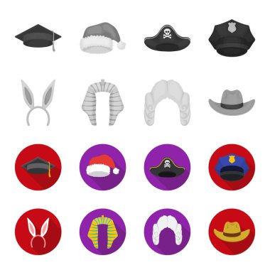 Tavşan Kulağı, Yargıç peruk, kovboy. Şapka toplama simgeler tek renkli, düz stil vektör simge stok çizim web ayarla..