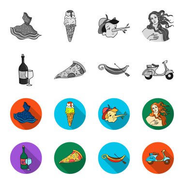 Bir şişe şarap, bir parça pizza, bir gundola, bir scooter. İtalya toplama simgeler tek renkli, düz stil vektör simge stok çizim web ayarla..