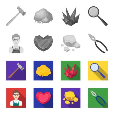 Kuyumcu, pense, altın cevheri, kalp şeklinde Lal. Değerli mineraller ve kuyumcu toplama simgeler tek renkli, düz stil vektör simge stok çizim web ayarla.