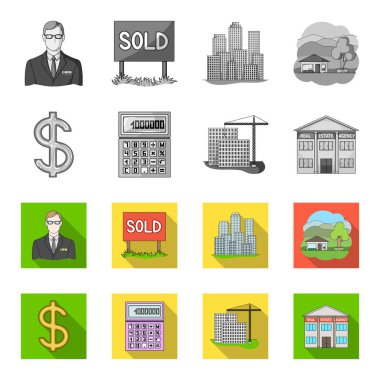 Hesap makinesi, dolar işareti, yeni bina, Emlak Ofisleri. Emlakçı toplama simgeler tek renkli, düz stil vektör simge stok çizim web ayarla..