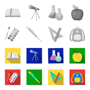 Çok renkli boyalar bir Püskül, kalem, üçgen ve cetvel, el çantası, evrak çantası ile. Okul ve eğitim tek renkli, düz stil vektör simge stok çizim web simgeler ayarla.