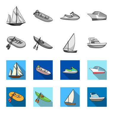 Balıkçılık Tekne, bir kayık kürek ile bir balık tutma schooner, motor yat bir lastik. Gemi ve Su ulaştırma araçları tek renkli, düz stil vektör simge stok çizim web simgeler ayarla.