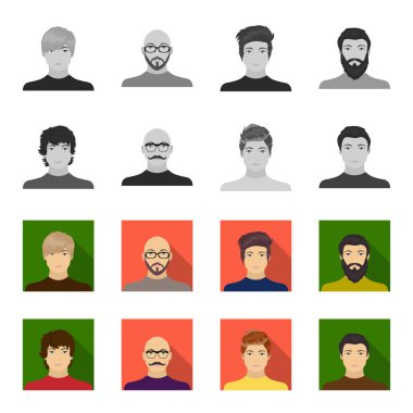 Genç bir adam, onun gözlük Bıyıklı Kel bir adamın yüzünü görünümü. Yüz ve görünüm toplama simgeler tek renkli, düz stil vektör simge stok çizim web ayarla.