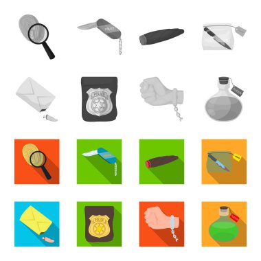 Dedektif rozeti, suç el, parmak çantada, zehirle şişeye güdük kelepçe. Suç ve Dedektif tek renkli, düz stil vektör simge simgeler ayarla