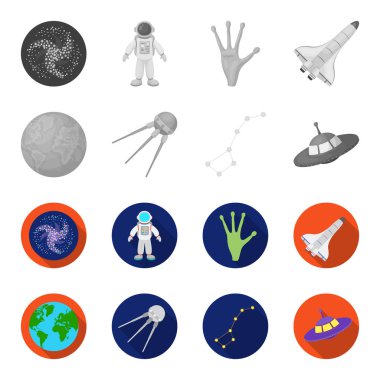 Kıtalar ve okyanuslar, planet Earth uydu, büyük ayı, Ufo uçan. Tek renkli, düz stil vektör simge stok çizim web simgeler ayarlamak.