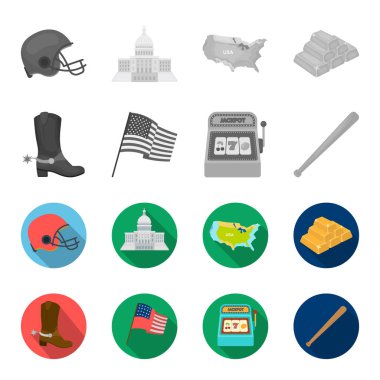 Kovboy çizmeleri, ulusal bayrak, slot makinesi, beyzbol sopası. ABD ülke toplama simgeler tek renkli, düz stil vektör simge stok çizim web ayarla..