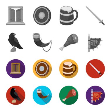 Karga, boynuz içki, jambon, zafer bayrak ile oturuyor. Vikingler toplama simgeler tek renkli, düz stil vektör simge stok çizim web ayarla..