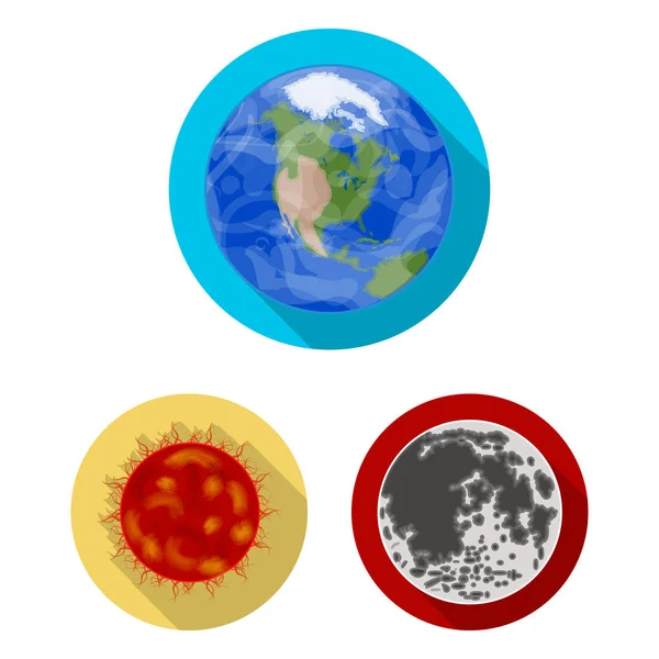 Planetas del sistema solar iconos planos en la colección de conjuntos para el diseño. Cosmos y astronomía vector símbolo stock web ilustración . — Vector de stock