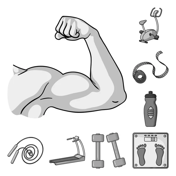 Fitness und Attribute monochromen Symbolen in Set-Kollektion für Design. Fitnessgeräte Vektor Symbol Stock Web Illustration. — Stockvektor