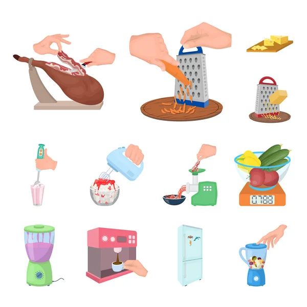 Cocinar alimentos iconos de dibujos animados en la colección de conjuntos para el diseño. Cocina, equipo y herramientas vector símbolo stock web ilustración . — Vector de stock