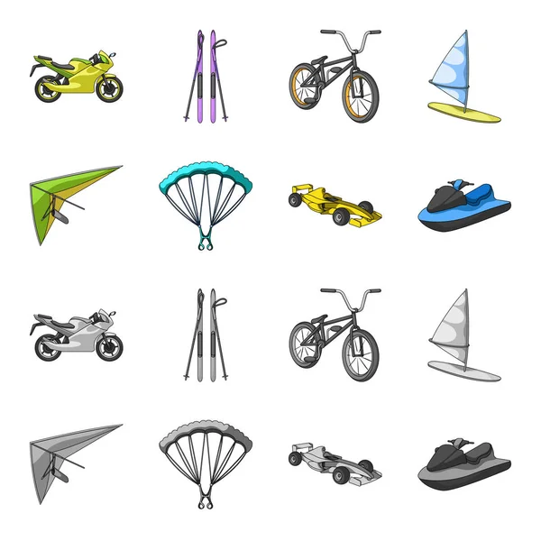 Hang glider, parachute, racing car, water scooter.Extreme sport set collection icons in cartoon,monochrome style vector symbol stock illustration web. — Stock Vector