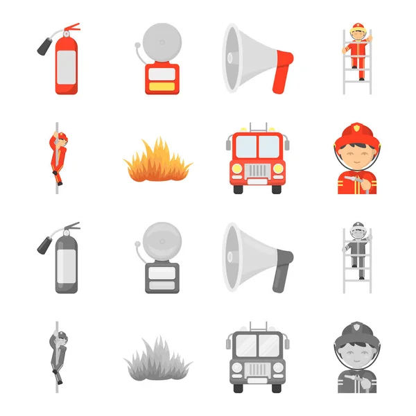 Bombero, llama, camión de bomberos. Fire departmentset set colección iconos en dibujos animados, estilo monocromo vector símbolo stock ilustración web . — Vector de stock