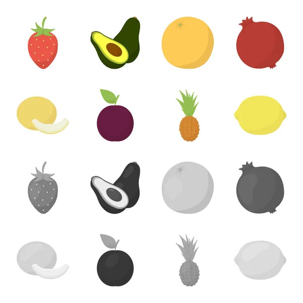 Melón, ciruela, piña, limon.Fruits conjunto de iconos de la colección en la historieta, el estilo monocromo vector símbolo stock illustration web . — Vector de stock