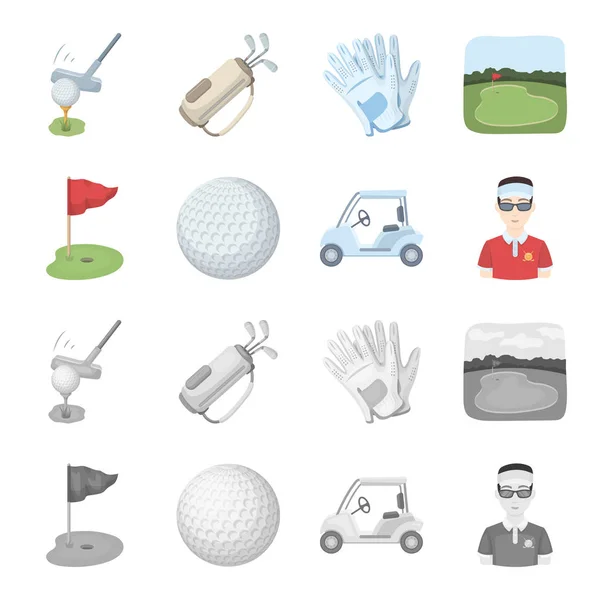 Поле с лункой и флагом, мячом для гольфа, игроком в гольф, электромобилем для гольфа. . — стоковый вектор