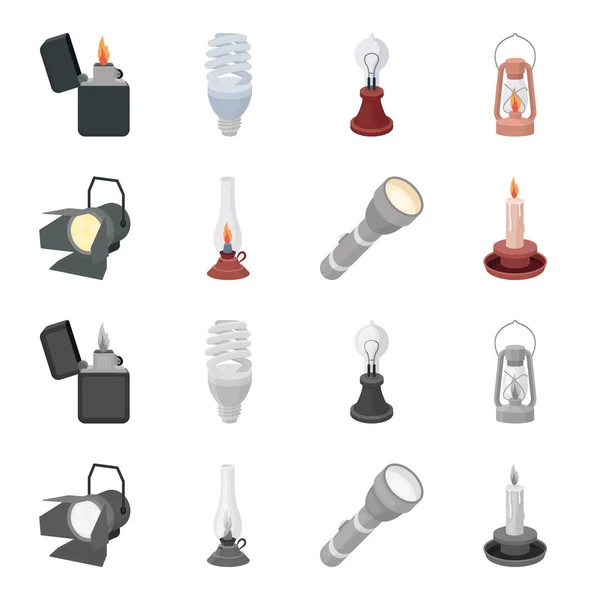 Projecteur, lampe au kérosène, bougie, lampe de poche. Source de lumière set icônes de la collection en dessin animé, monochrome style vectoriel symbole illustration web . — Image vectorielle