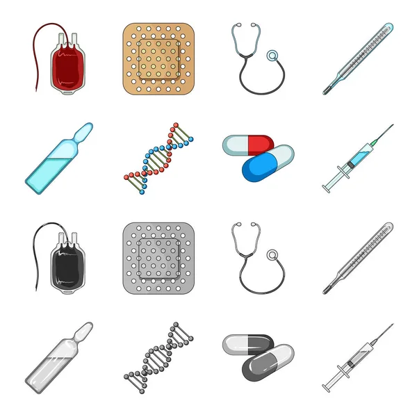 ADN humain et autres équipements. icônes de collection ensemble de médecine dans la bande dessinée, symbole vectoriel de style monochrome illustration web . — Image vectorielle
