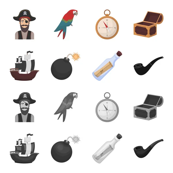 Pirata, bandido, barco, vela .Pirates conjunto de iconos de la colección en la historieta, el estilo monocromo vector símbolo stock illustration web . — Vector de stock