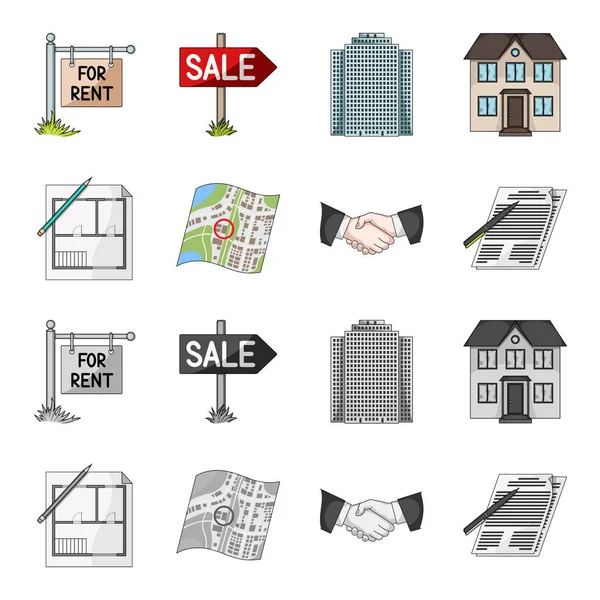 House plan, documents for signing, handshake, terrain plan. Realtor set collection icons in cartoon,monochrome style vector symbol stock illustration web. — Stock Vector