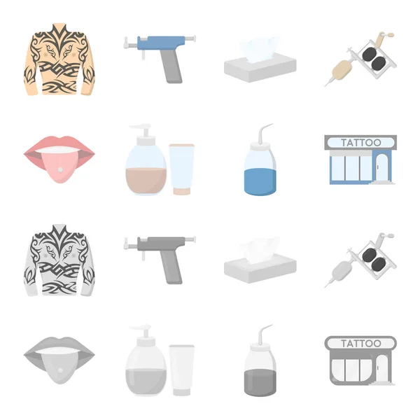 Perforación en lengua, gel, salmonete. Tatuaje conjunto colección iconos en dibujos animados, monocromo estilo vector símbolo stock ilustración web . — Vector de stock
