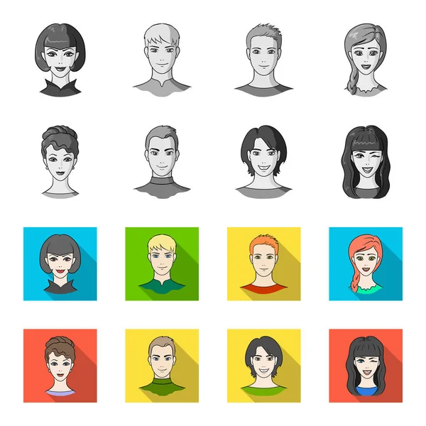 Diferentes miradas de los jóvenes.Avatar y iconos de colección de conjuntos de cara en monocromo, vector de estilo plano símbolo stock ilustración web . — Archivo Imágenes Vectoriales