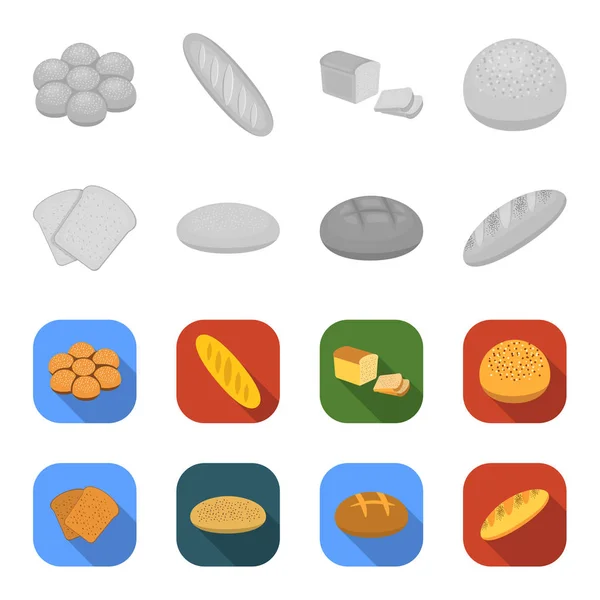 Tostadas, pizza de stock, pan con volantes, ronda rye.Bread conjunto de iconos de la colección en monocromo, plano estilo vector símbolo stock ilustración web . — Archivo Imágenes Vectoriales