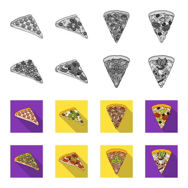 En bit pizza med olika ingredienser. Olika pizza ställa samling ikoner i svartvitt, platt stil vektor symbol stock illustration web. — Stock vektor