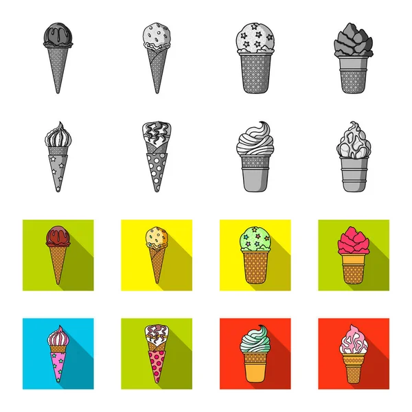 Helado en un palo, en un cono de gofre y otras especies. Conjunto de iconos de la colección de helados en monocromo, vector de estilo plano símbolo stock ilustración web . — Archivo Imágenes Vectoriales