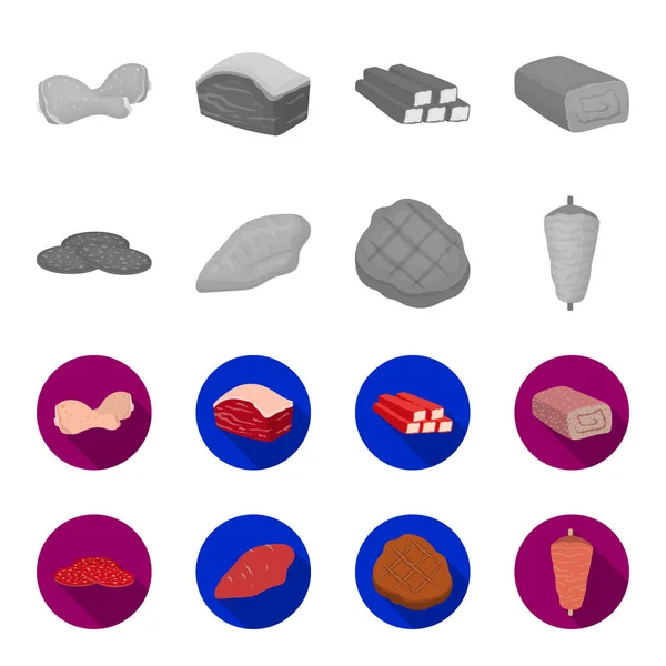 Trozos de salami, filete de pavo, bistec a la parrilla, kebab.Meat conjunto de iconos de la colección en monocromo, vector de estilo plano símbolo stock illustration web . — Vector de stock