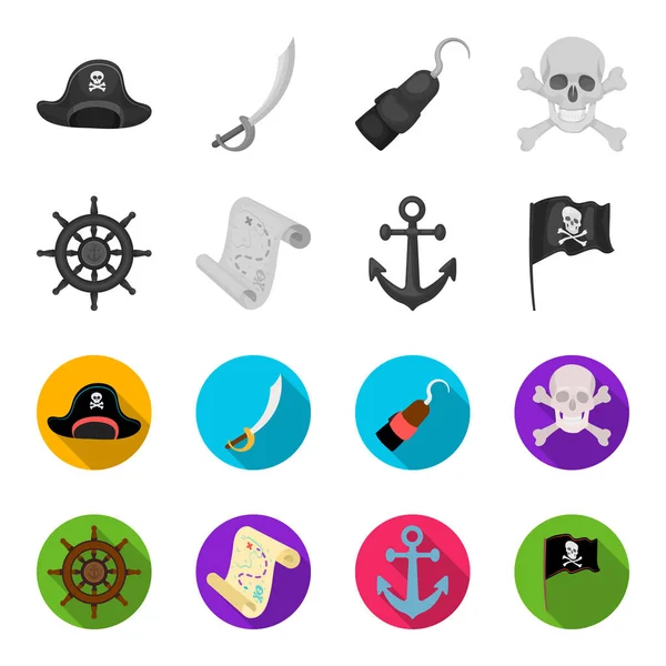 Pirata, bandido, timón, bandera .Pirates conjunto de iconos de la colección en monocromo, vector de estilo plano símbolo stock illustration web . — Vector de stock