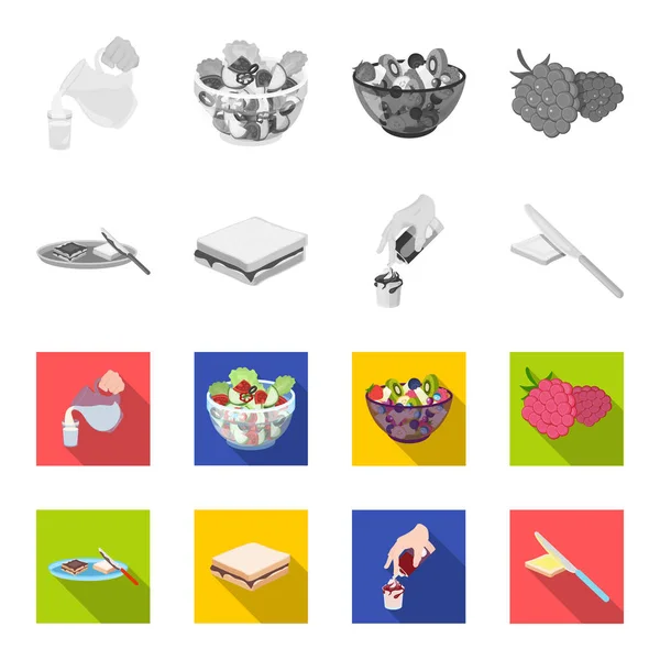 Efterrätt med grädde, en smörgås och andra livsmedel. Mat som samling ikoner i svartvitt, platt stil vektor symbol stock illustration web. — Stock vektor