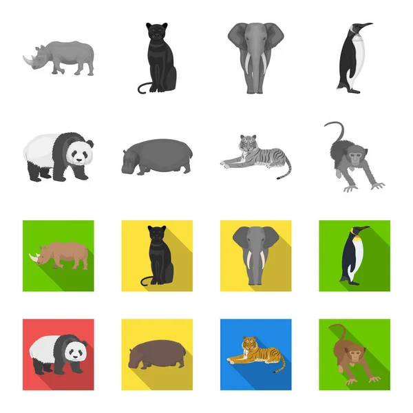 Bambusbär, Nilpferd, wilder Tiger, Affe. wild animal set collection icons in monochrom, flachen stil vektor symbol stock illustration web. — Stockvektor