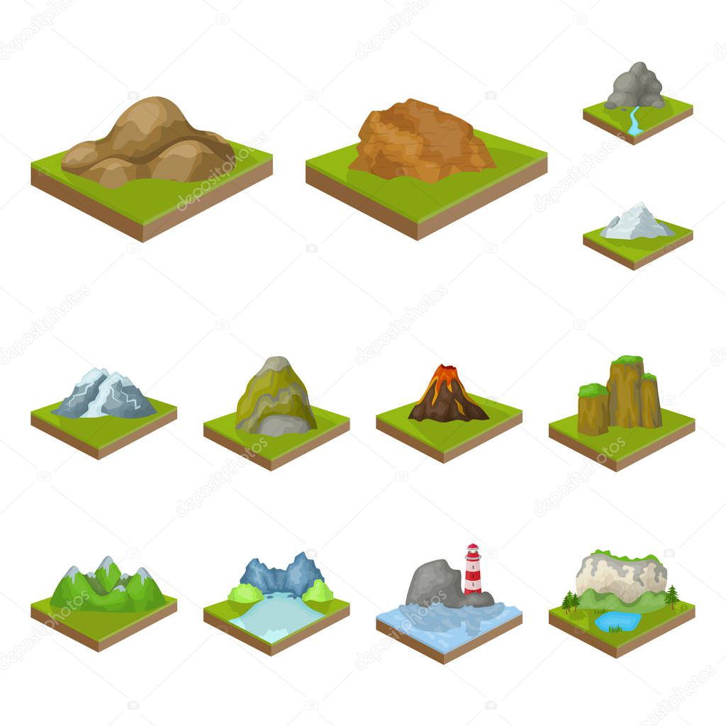 Mountains, massive cartoon icons in set collection for design. The surface of the earth vector isometric symbol stock web illustration.