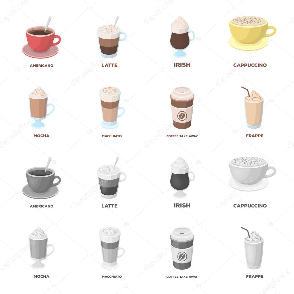 Mocha, macchiato, frappe, take coffee.Different types of coffee set collection icons in cartoon,monochrome style vector symbol stock illustration .