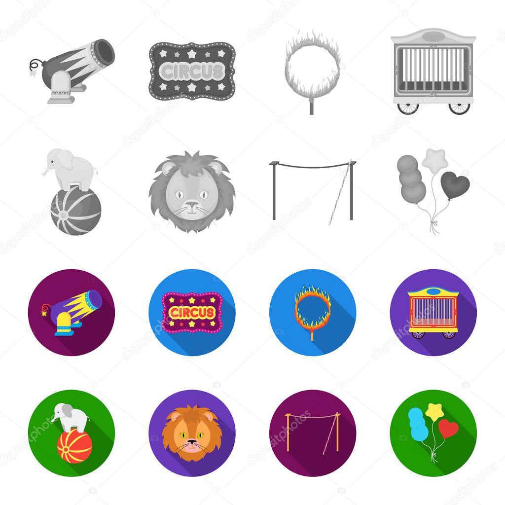 Elephant on the ball, circus lion, crossbeam, balls.Circus set collection icons in monochrome,flat style vector symbol stock illustration web.