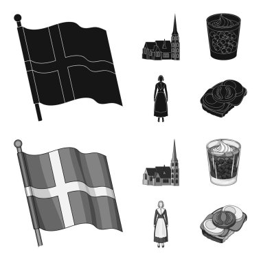Bayrak, Milli, sembol ve diğer web simge siyah, monochrom tarzı. Danimarka, Tarih, turizm, küme koleksiyon simgeler.