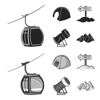 Füniküler, çadır, yol işaret, kar topu. Kayak Merkezi toplama simgeler siyah, monochrom stil vektör simge stok çizim web içinde ayarla..
