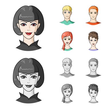 Gençlerin farklı görünüyor. Avatar ve yüz toplama simgeler çizgi film, tek renkli stil vektör simge stok çizim web ayarla.