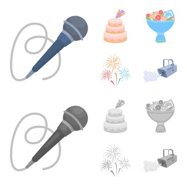El bir kek krem, bir kablo ile bir mikrofon, bir buket gül bir tebrik kartı, bir festival Selam ile yapmak. Etkinlik Hizmetleri toplama simgeler çizgi film, tek renkli stil vektör simge stok ayarla.