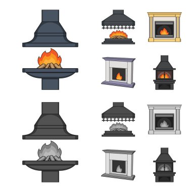 Yangın, sıcaklık ve konfor. Şömine toplama simgeler çizgi film, tek renkli stil vektör simge stok çizim web ayarla..