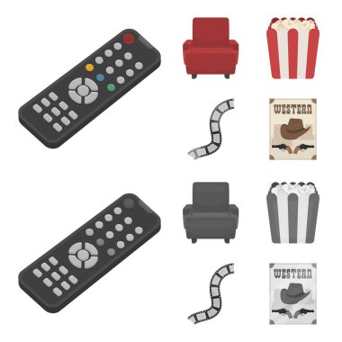 Kontrol paneli, bir koltuk için görüş, patlamış mısır. Filmler ve film çizgi film, tek renkli stil vektör simge stok çizim web simgeler ayarla.