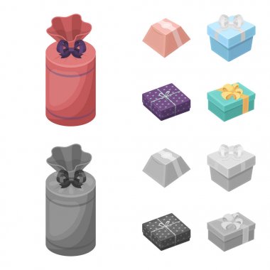 Fiyonklu hediye paketi hediye kutusu. Hediyeler ve sertifikaları çizgi film, tek renkli stil vektör simge stok çizim web simgeler ayarla.