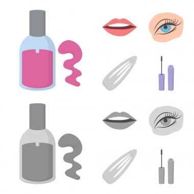 Tırnak Lehçe, renkli kirpikler, dudaklarla ruj, saç tokası. Makyaj çizgi film, tek renkli stil vektör simge stok çizim web simgeler ayarla.