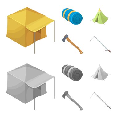 Çadır Tente, ax ve diğer aksesuarları ile. Çadır toplama simgeler çizgi film, tek renkli stil vektör simge stok çizim web ayarla..