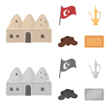 Evden kovan, ulusal bayrak, kahve pot bakır, kahve tahıllar. Türkiye'de çizgi film, tek renkli stil vektör simge stok çizim web simgeler ayarla.