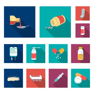 İlaç ve tedavi düz simgeler set koleksiyonu tasarım için. Tıp ve ekipman sembol stok web illüstrasyon vektör.