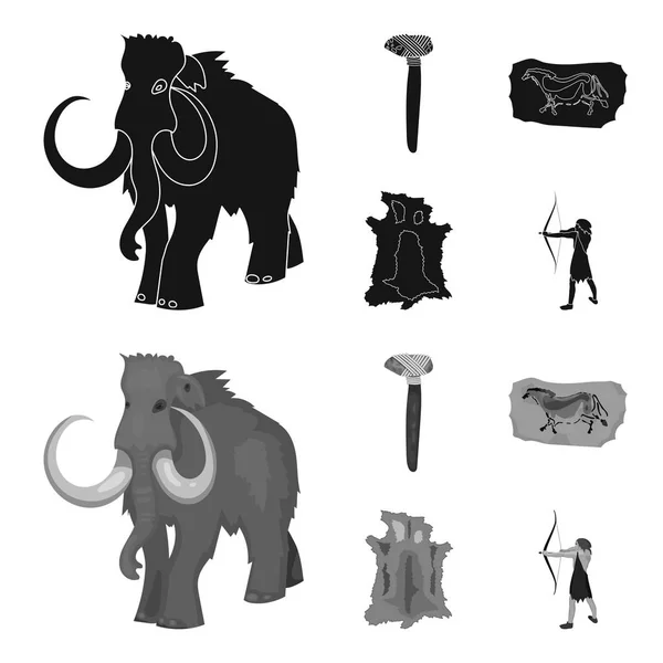 Primitivo, mamut, armas, martillo. Iconos de colección conjunto de edad de piedra en negro, monocromo estilo vector símbolo stock ilustración web . — Vector de stock