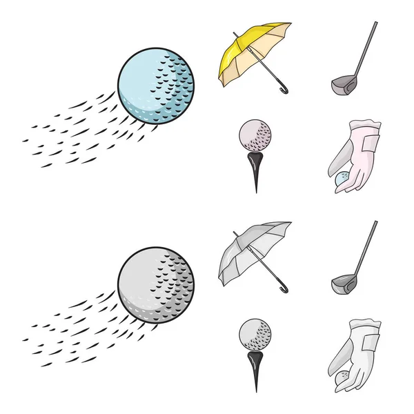 A repülő labdát, egy sárga esernyő, golf klub, egy labdát egy állványra. Golf Club szett gyűjtemény ikonok, rajzfilm, fekete-fehér stílus vektor szimbólum stock illusztráció web. — Stock Vector